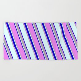 [ Thumbnail: Light Cyan, Blue, Violet, and Dark Grey Colored Lines/Stripes Pattern Beach Towel ]
