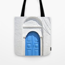 Greek Island Church Entance Door in Sifnos, White and Blue Minimalist Architecture Photography Tote Bag