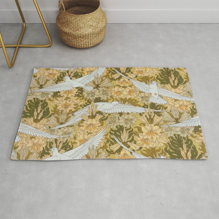 Vintage Art Deco Doves and Flowers Rug