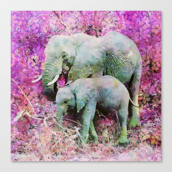 Elephant art mother child pink floral Canvas Print