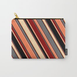 [ Thumbnail: Eye-catching Dim Grey, Dark Red, Tan, Coral, and Black Colored Striped Pattern Carry-All Pouch ]