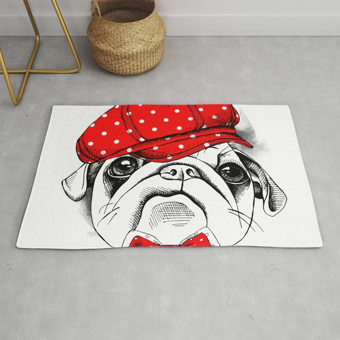 Portrait Dog Pug Red Cap Tie Rug