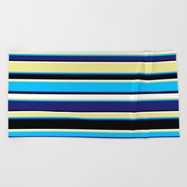 [ Thumbnail: Tan, Deep Sky Blue, Midnight Blue, Black & White Colored Lines Pattern Beach Towel ]