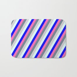 [ Thumbnail: Colorful Hot Pink, Slate Gray, Light Grey, Light Cyan & Blue Colored Striped Pattern Bath Mat ]