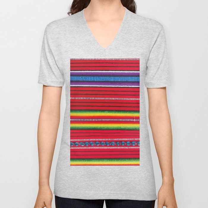 Red stripe vibrant mexican fabric V Neck T Shirt