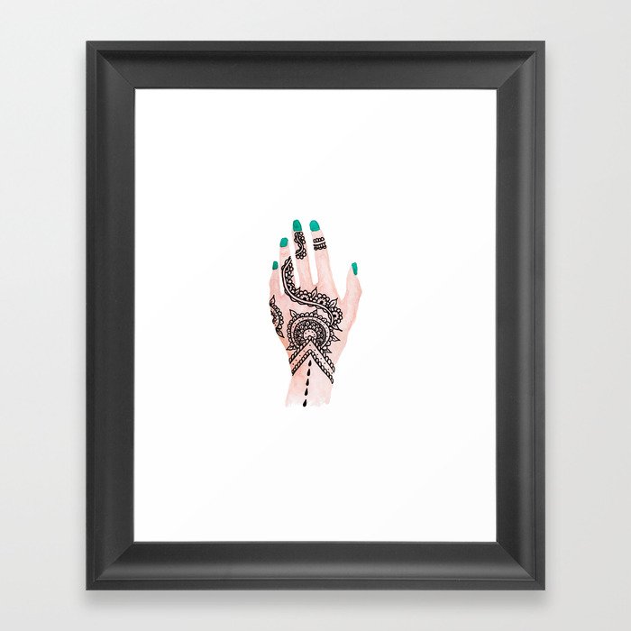 Modern watercolor hand  floral henna tattoo turquoise nails Framed Art Print