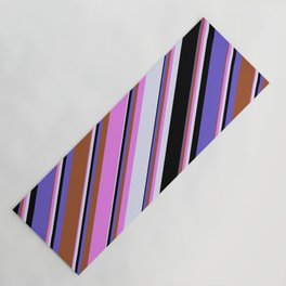 [ Thumbnail: Vibrant Violet, Lavender, Black, Slate Blue, and Sienna Colored Lines/Stripes Pattern Yoga Mat ]
