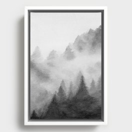 Foggy Forest III - Black White Gray Watercolor Trees Rustic Misty Mountain Winter Nature Art Print Framed Canvas