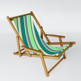 [ Thumbnail: Green, Grey, Teal & Light Yellow Colored Striped Pattern Sling Chair ]