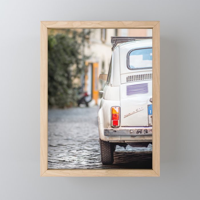 Iconic White Italian 500 Classic Car Rome Italy Framed Mini Art Print