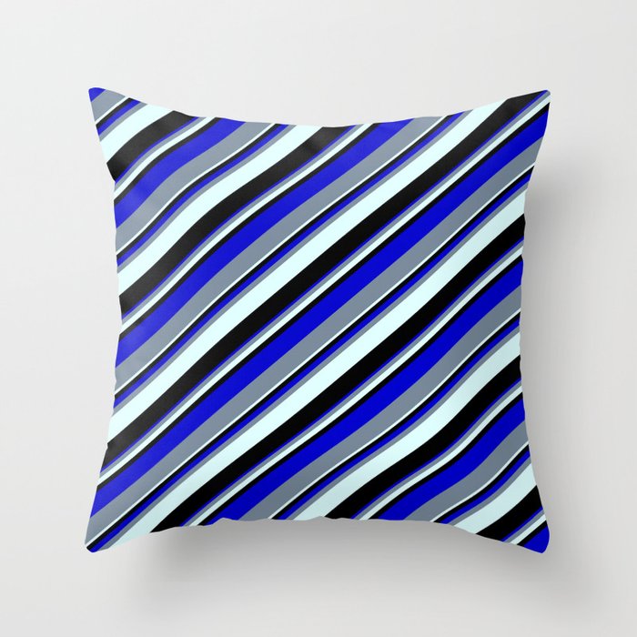 Blue, Light Slate Gray, Light Cyan, and Black Colored Lined/Striped Pattern Throw Pillow