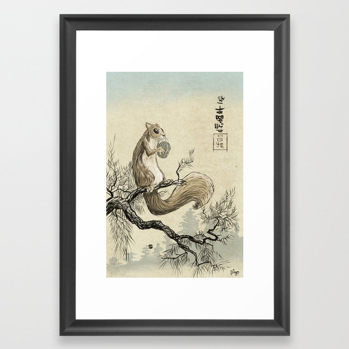 Woodblock Squirrel Framed Art Print
