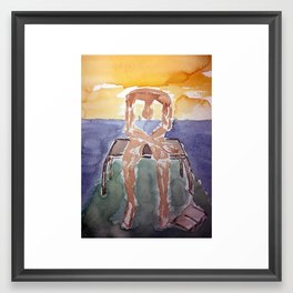 spin-off art: melancholy sculpture with dropped open book in sunset Framed Art Print