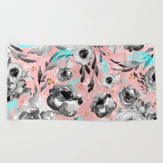 blooms flowers black and white Beach Towel