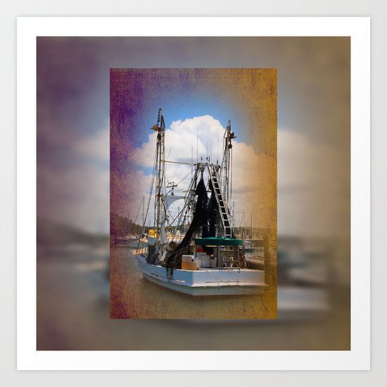 Moored boat on a river Art Print