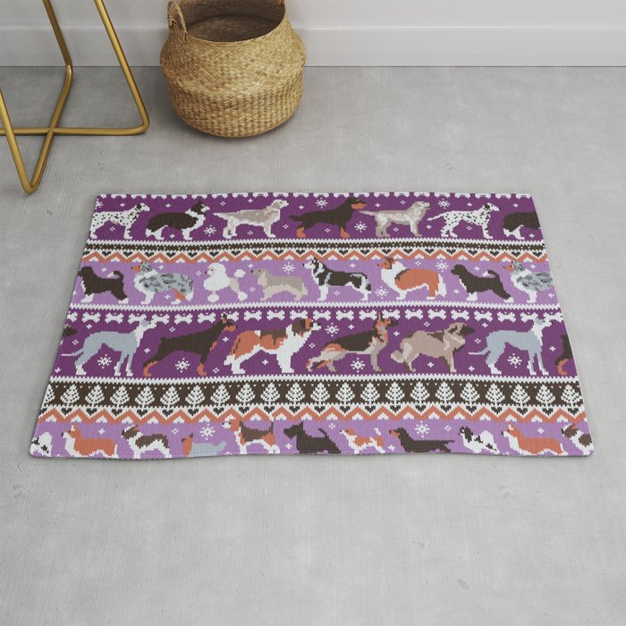 Fluffy and bright fair isle knitting doggie friends // seance purple and east side violet background brown orange white and grey dog breeds  Rug