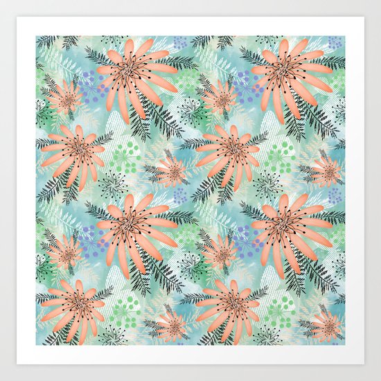 Pink - orange flowers on watercolor background. Art Print
