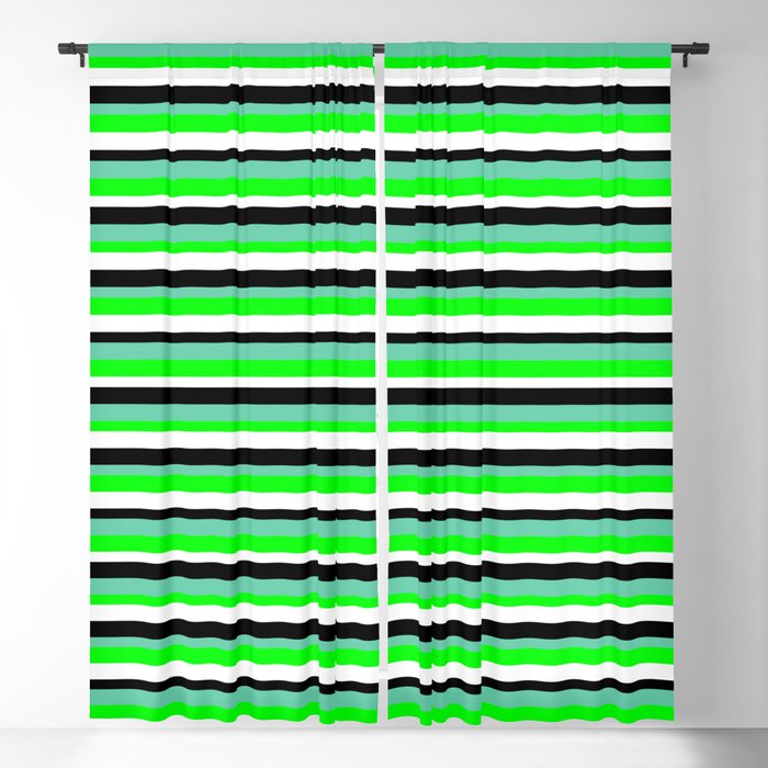 Aquamarine, Lime, White, and Black Colored Lined/Striped Pattern Blackout Curtain