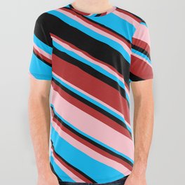 [ Thumbnail: Red, Pink, Deep Sky Blue, and Black Colored Stripes/Lines Pattern All Over Graphic Tee ]