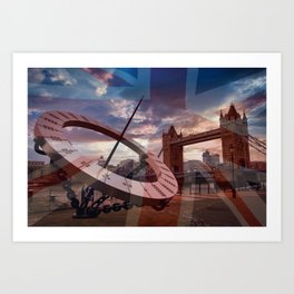 Sundial with tower bridge and faded Union Jack Art Print