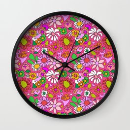 60's Lovers Floral in Lipstick Pink Wall Clock