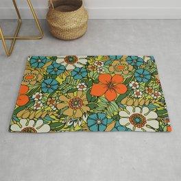 70s Plate Rug | Vintage, Orange, Romantic, Psychedelic, Retro, Original, Turquoise, Floral, Green, Tropical 