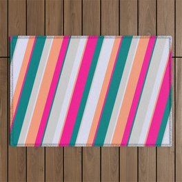 [ Thumbnail: Deep Pink, Teal, Light Grey, Lavender, and Light Salmon Colored Lined Pattern Outdoor Rug ]