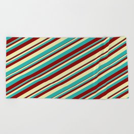 [ Thumbnail: Pale Goldenrod, Light Sea Green, and Dark Red Colored Striped Pattern Beach Towel ]