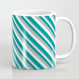 [ Thumbnail: Dark Grey, Mint Cream, and Dark Cyan Colored Lined Pattern Coffee Mug ]