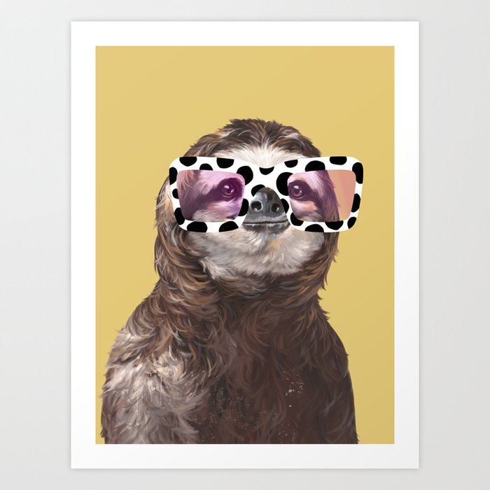 Cool Hipster Sloth Wearing Glasses in Yellow Art Print
