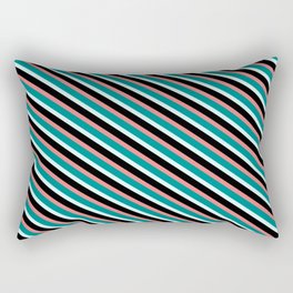 [ Thumbnail: Light Coral, Dark Cyan, Light Cyan, and Black Colored Lined/Striped Pattern Rectangular Pillow ]