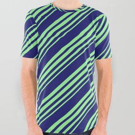 [ Thumbnail: Midnight Blue and Green Colored Stripes Pattern All Over Graphic Tee ]