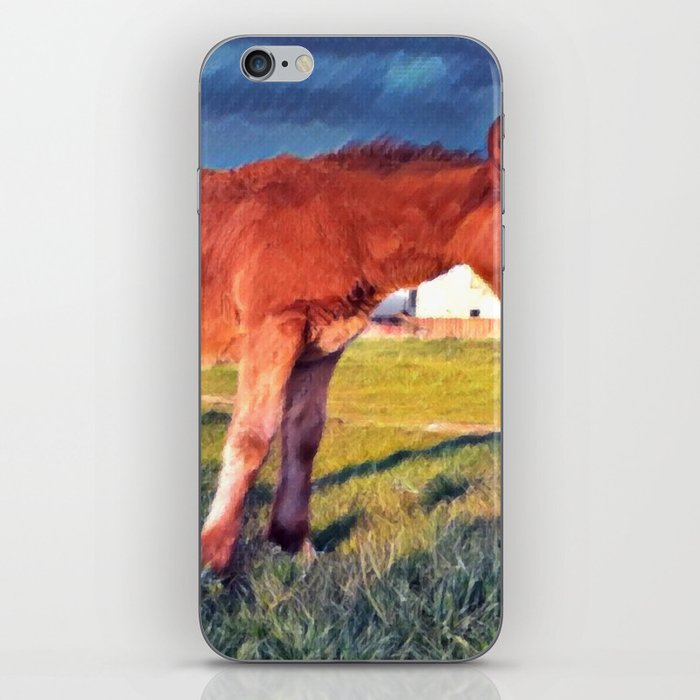 Colorful summer Brown horse foal pasture in the countryside at golden hour iPhone Skin