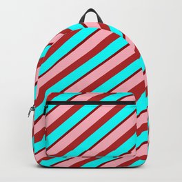 [ Thumbnail: Light Pink, Red, Aqua & Dark Red Colored Stripes/Lines Pattern Backpack ]