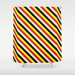 [ Thumbnail: Yellow, Crimson, Light Yellow & Black Colored Stripes/Lines Pattern Shower Curtain ]
