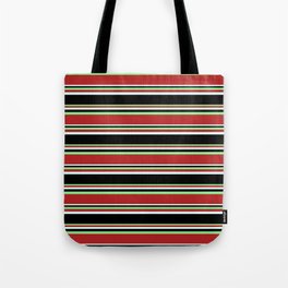 [ Thumbnail: Light Green, Red, Light Cyan, and Black Colored Striped/Lined Pattern Tote Bag ]