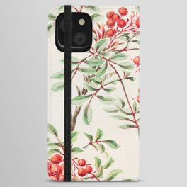 Vintage Japanese Painting Of Red Berry-Botanical Green Leaves Plant iPhone Wallet Case