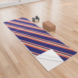 [ Thumbnail: Tan, Red, and Midnight Blue Colored Lined Pattern Yoga Towel ]