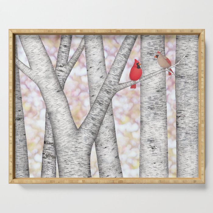 cardinals and birch trees Serving Tray