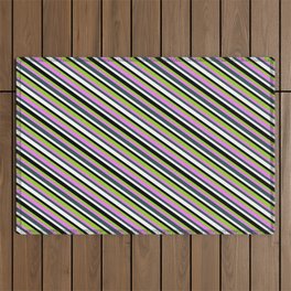 [ Thumbnail: Vibrant Green, Violet, Dark Slate Gray, White & Black Colored Lined Pattern Outdoor Rug ]