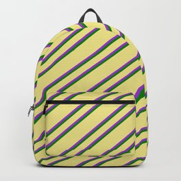 [ Thumbnail: Tan, Dark Orchid & Green Colored Lined/Striped Pattern Backpack ]