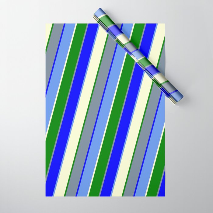 Light Slate Gray, Blue, Cornflower Blue, Light Yellow, and Green Colored Lined/Striped Pattern Wrapping Paper