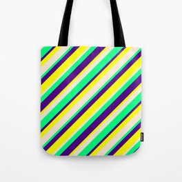 [ Thumbnail: Indigo, Yellow, Beige & Green Colored Pattern of Stripes Tote Bag ]