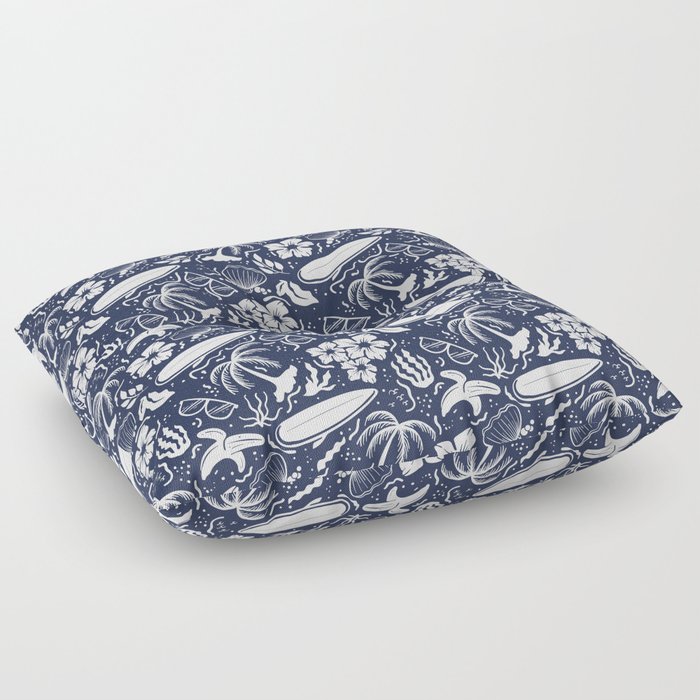 Navy Blue and White Surfing Summer Beach Objects Seamless Pattern Floor Pillow