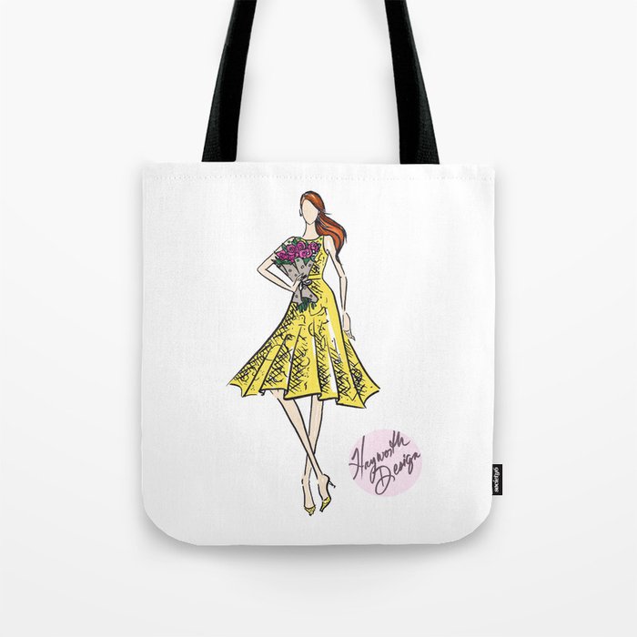 Hayworth Design Fashion Illustration "Fashionable Girl in Yellow Dress with Flowers" Tote Bag