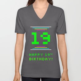 [ Thumbnail: 19th Birthday - Nerdy Geeky Pixelated 8-Bit Computing Graphics Inspired Look V Neck T Shirt V-Neck T-Shirt ]