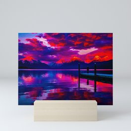 Sunset on a lake, landscape painting with nature  Mini Art Print