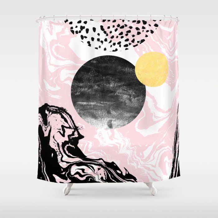 Gloriana - galaxy outer space abstract painting planets moon sun black and white pastel pink gold  Shower Curtain