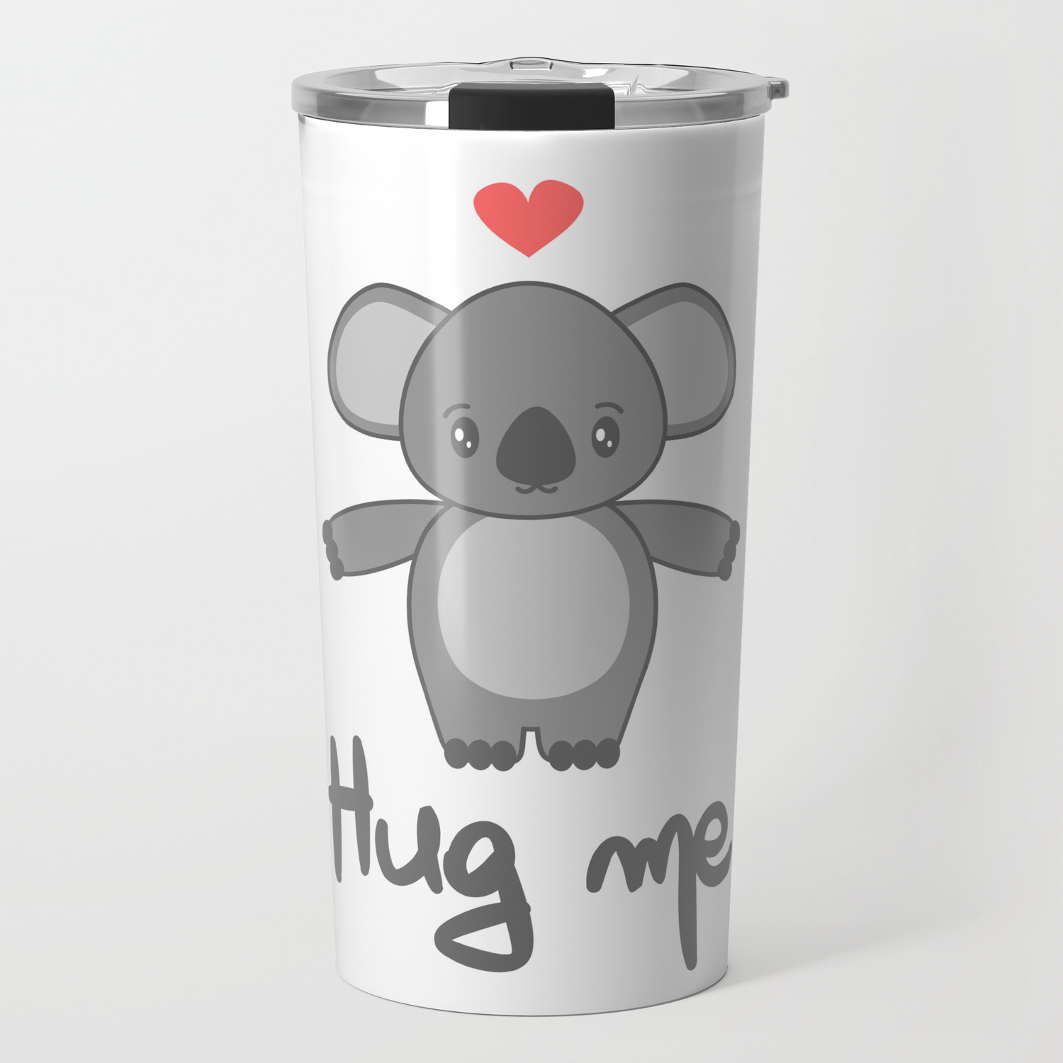 cute hand drawn lettering hug me with cartoon lovely koala bear Travel Mug  by Alice Vacca | Society6