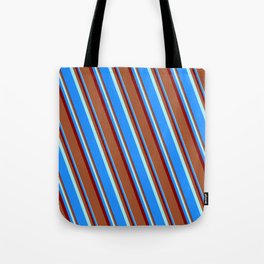 [ Thumbnail: Turquoise, Blue, Maroon, and Sienna Colored Lines Pattern Tote Bag ]